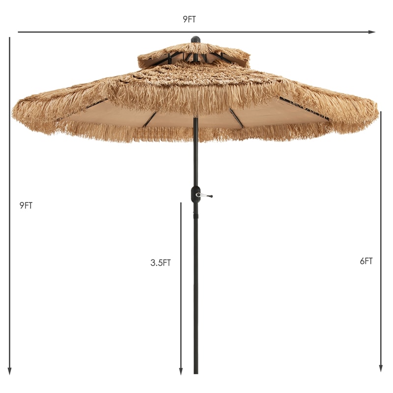 9 ft 2-Tier Thatched Patio Umbrella Hawaiian Style Grass Beach Umbrella with Crank Handle