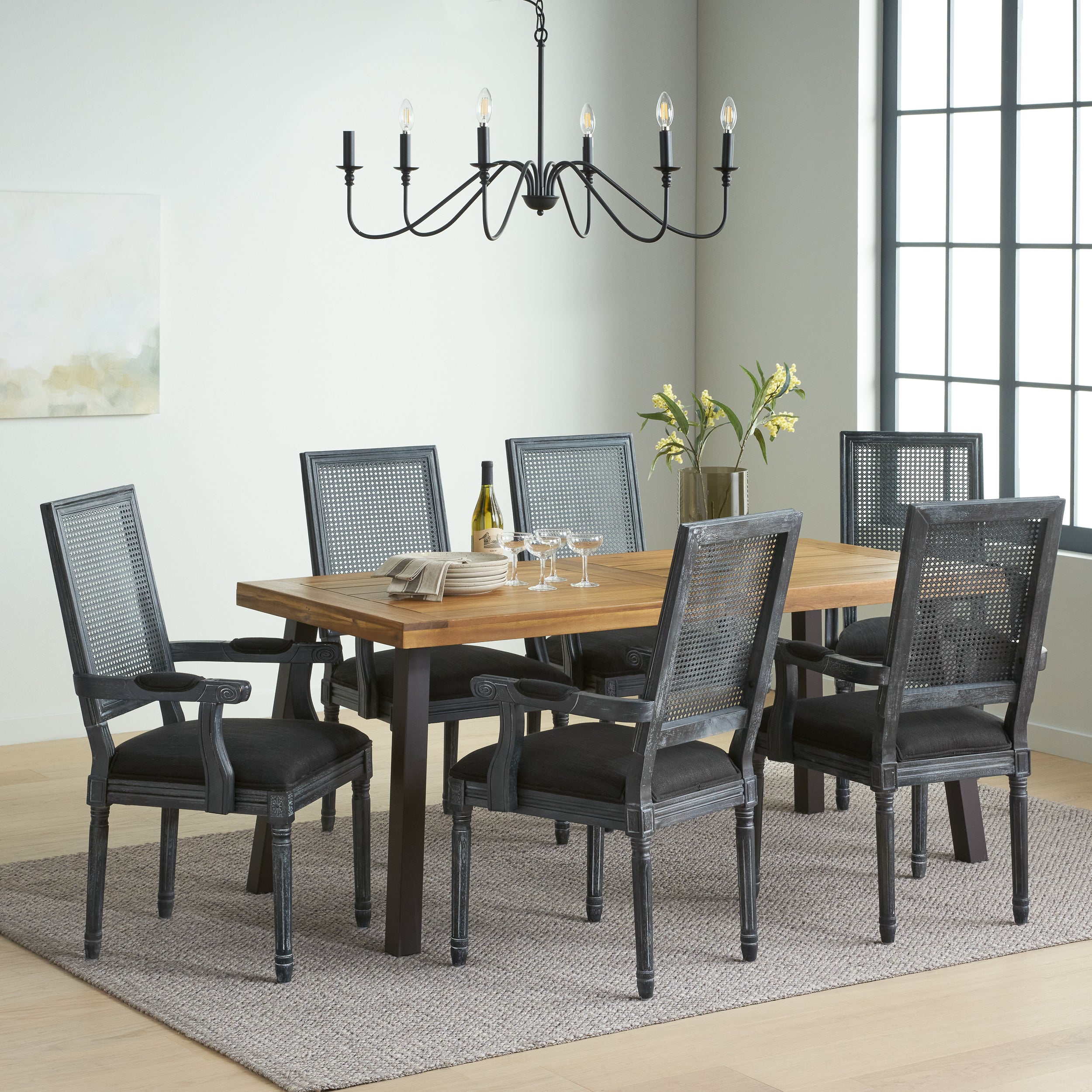 Marten Farmhouse Fabric Upholstered Wood and Cane 7 Piece Dining Set