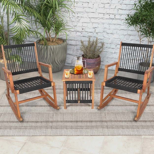 Costway 3pcs Patio Acacia Wood Bistro Table Rocking Chair Set All weather Rope Outdoor