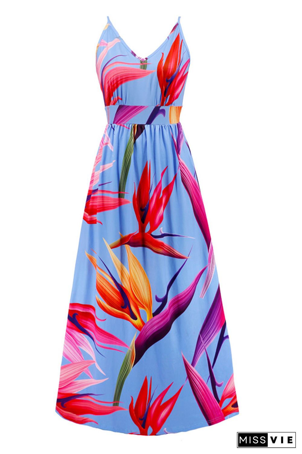 V Neck Floral Print High Waist Cami Maxi Dress