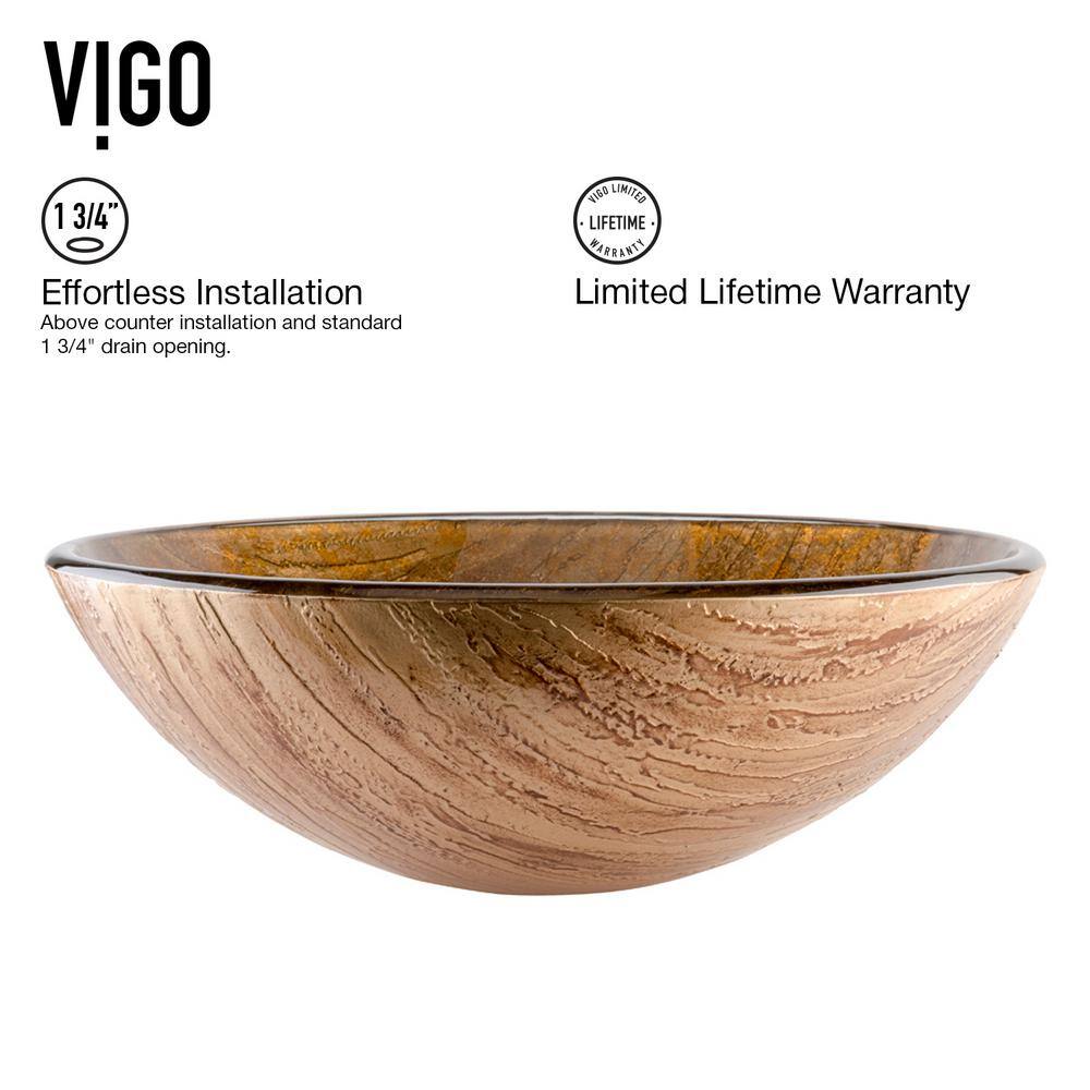 VIGO Glass Round Vessel Bathroom Sink in Wooden Brown with Linus Faucet and Pop-Up Drain in Antique Rubbed Bronze VGT391