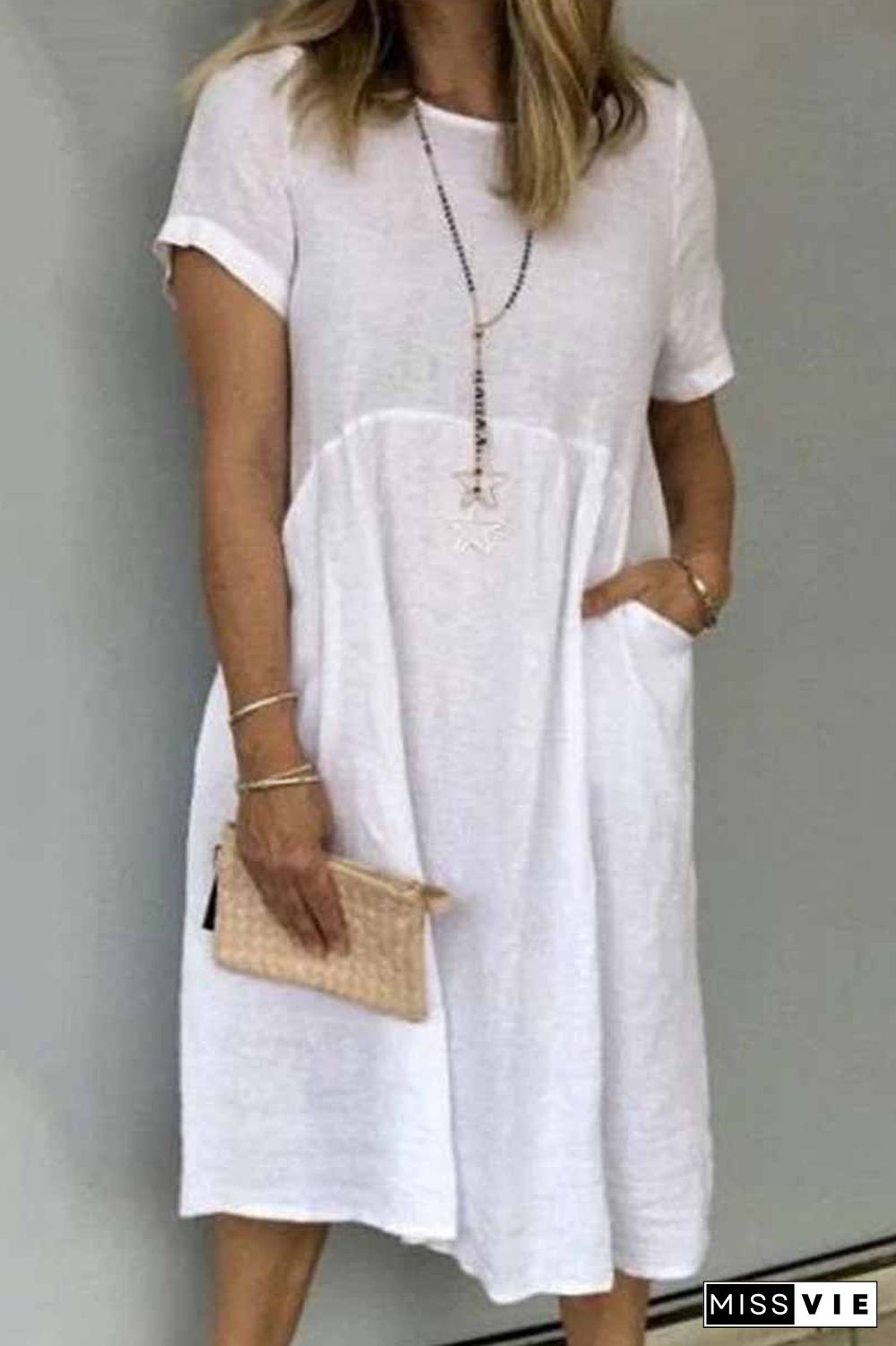 Street Solid Patchwork O Neck Short Sleeve Dress Dresses