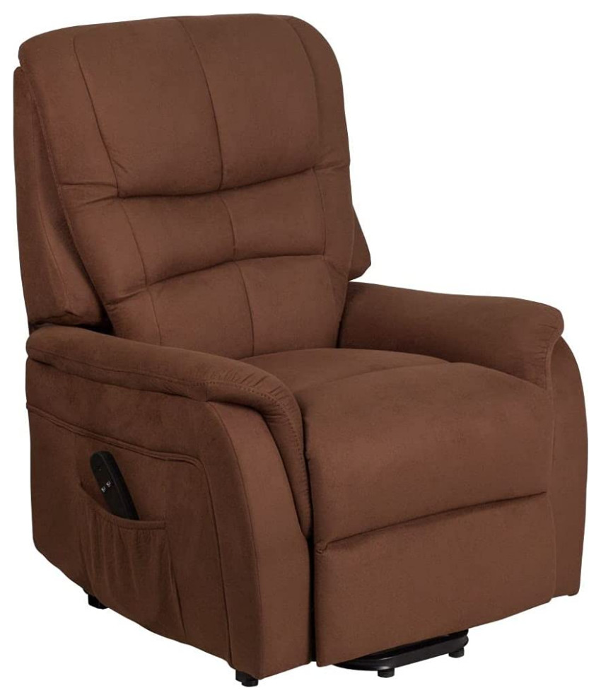 Lift Up Recliner Chair  Cushioned Microfiber Seat With Padded Square Arms  Brown   Transitional   Recliner Chairs   by Declusia  Houzz