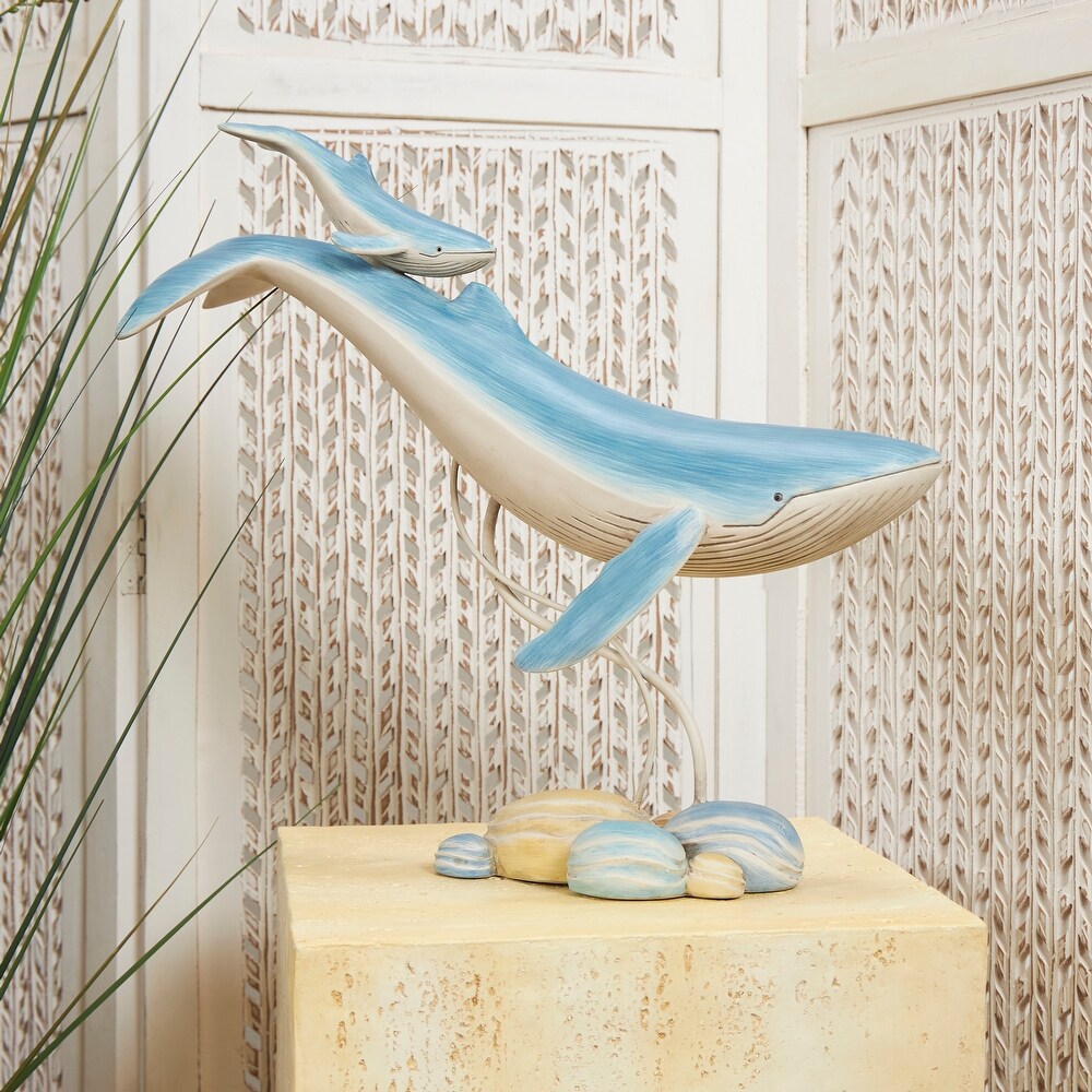 Blue Polystone Swimming Mother and Baby Whale Sculpture with Yellow Accents