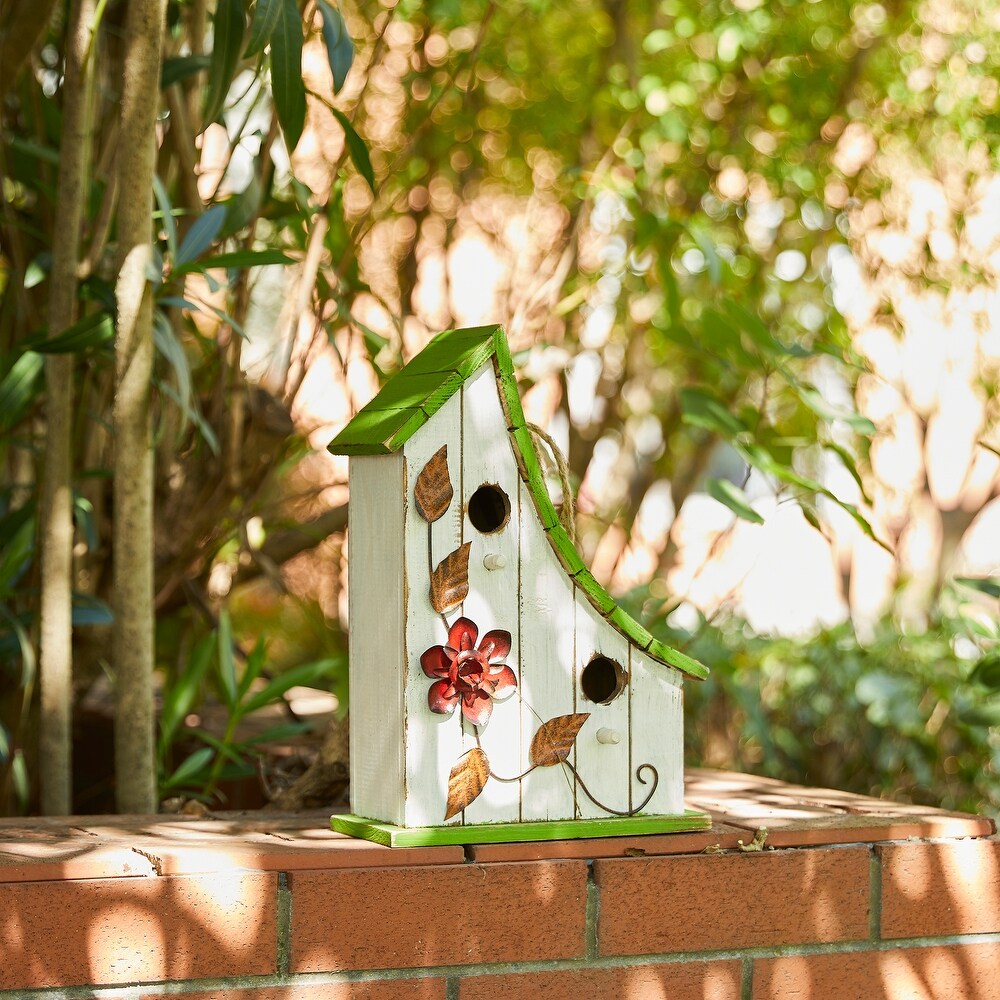 Glitzhome 13''H Distressed Solid Wood Birdhouse with flowers   13\