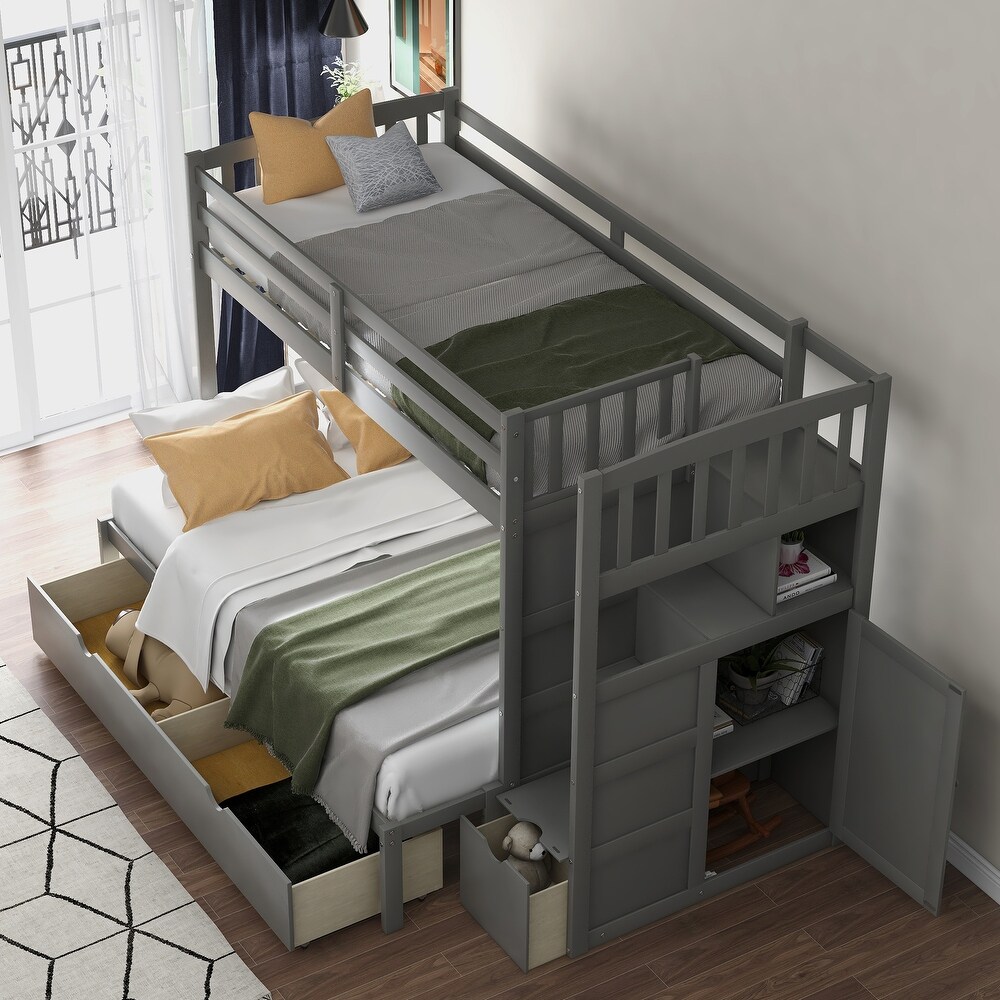 Contemporary Style Twin over Full/Twin Bunk Bed  Convertible Bottom Bed  Storage Shelves and Drawers