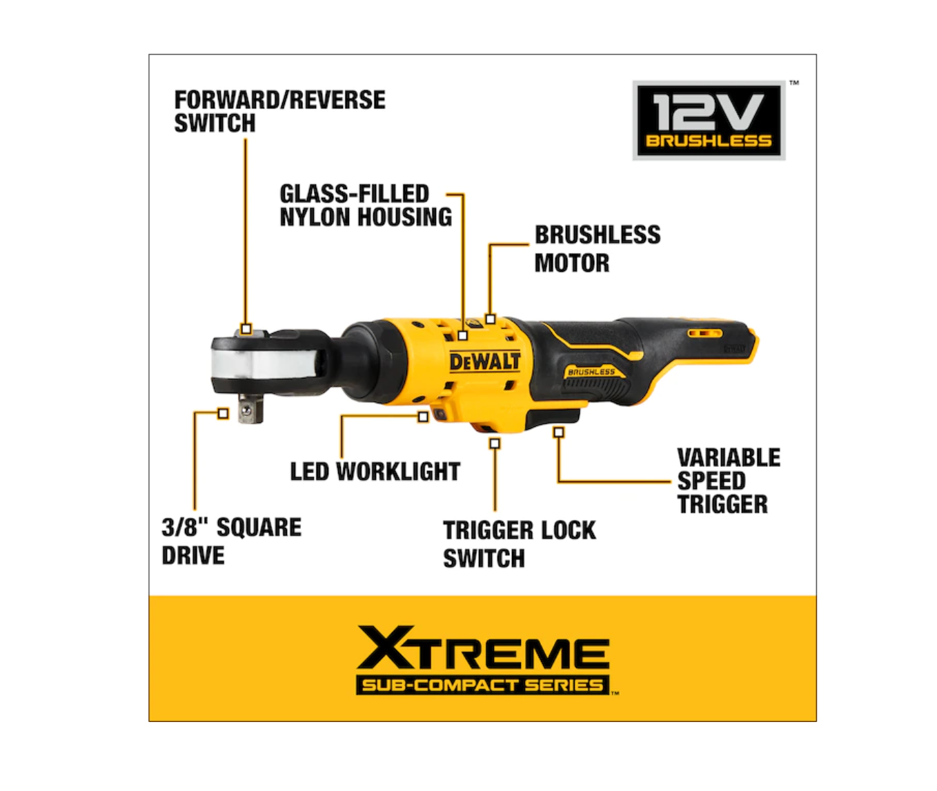 DEWALT DCF503B XTREME Variable Speed Brushless 3/8-in Drive Cordless Ratchet Wrench