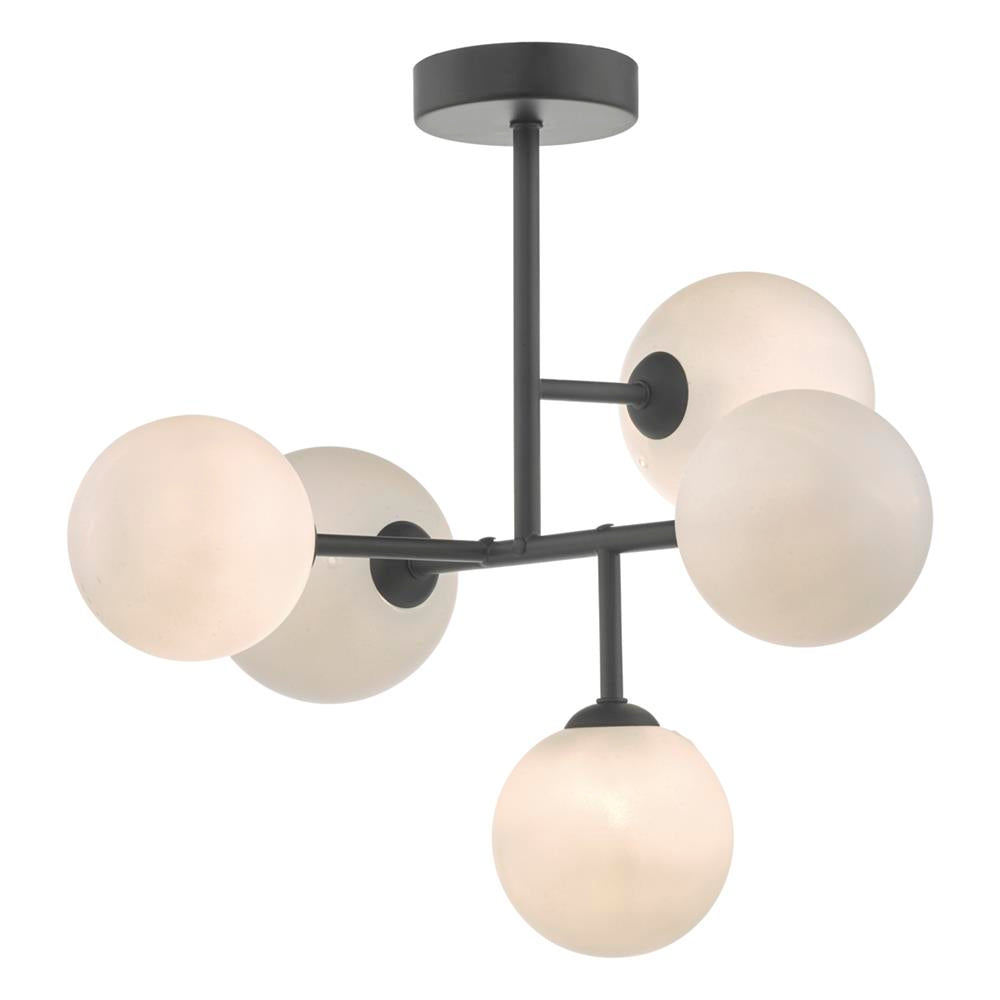 DAR EUA5422 Euan Matt Black & Opal Glass Globe Vintage 5 Lamp Semi Flush