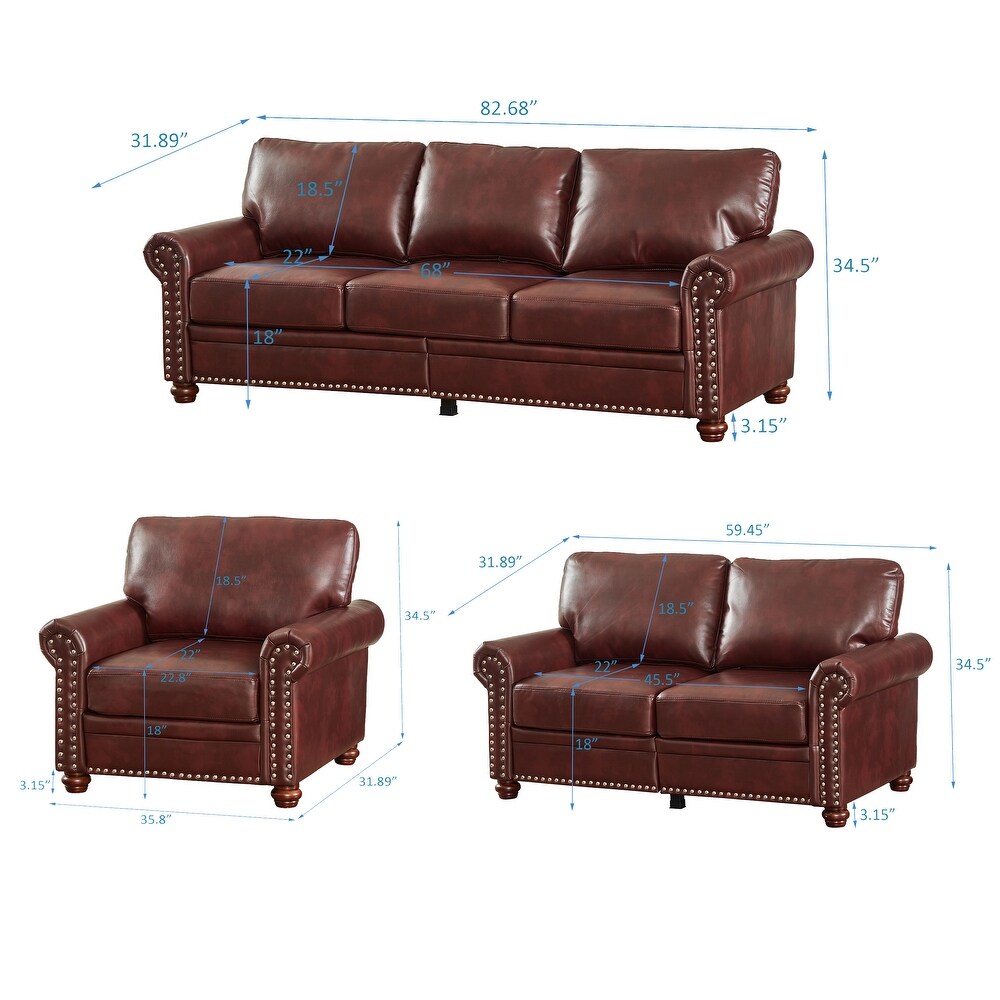 1+2+3 Seater PU Leather Loveseat Sofa Set for Living Room  Burgundy