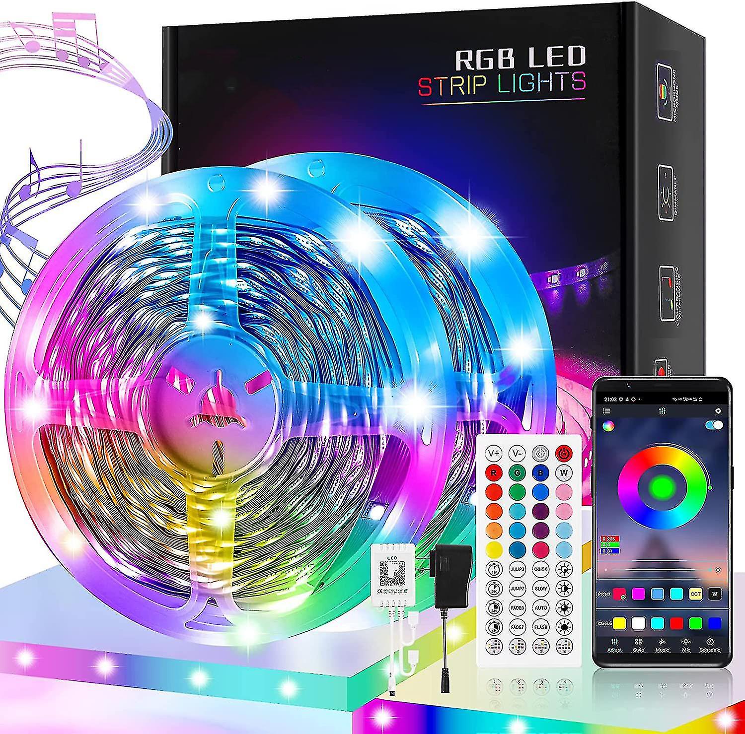 32ft Led Lights For Bedroom，music Sync Color Changing 5050 Rgb Led Lights Strips Kit Built-in Mic App Control With Ir Remoter For Room Party Tv Home D