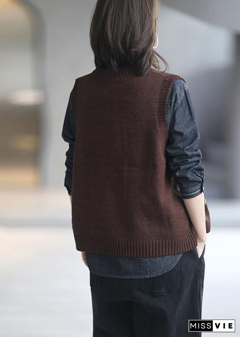 Comfy Chocolate Knit Blouse V Neck Sleeveless Knit Tops