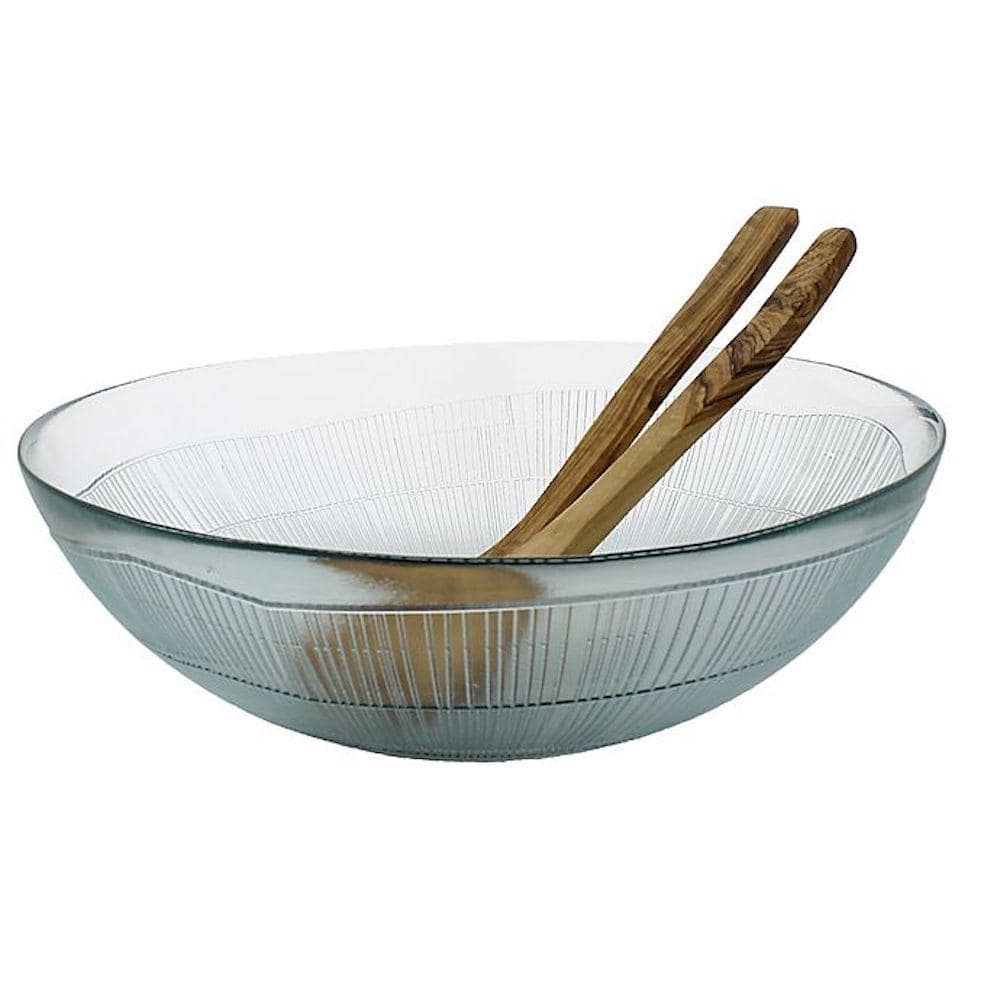 French Home Recycled Clear Glass 12 in. x 6 in. Birch Salad Bowl and Olive Wood Server Hands GRP315