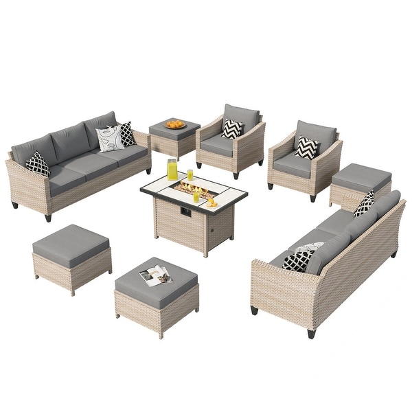 XIZZI Patio Furniture 9 Pieces Wicker Conversation Set with Fire Pit