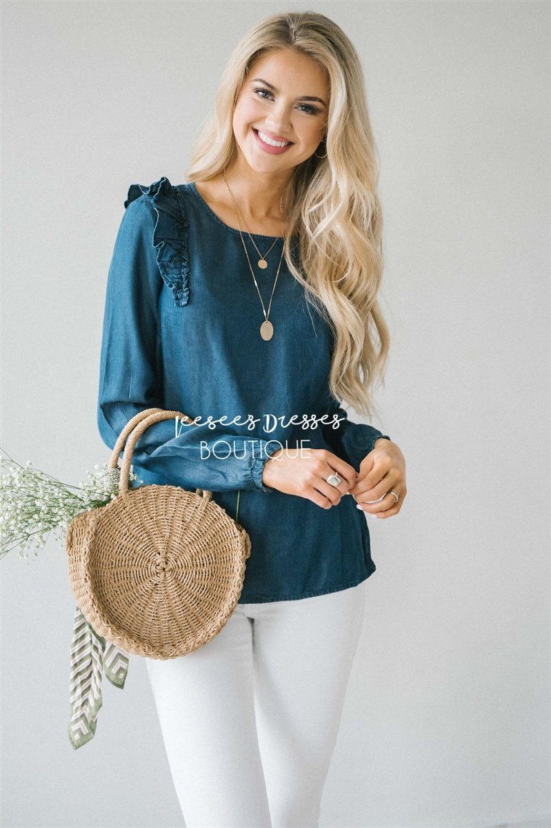 Ruffle Shoulder Long Sleeve Chambray Top