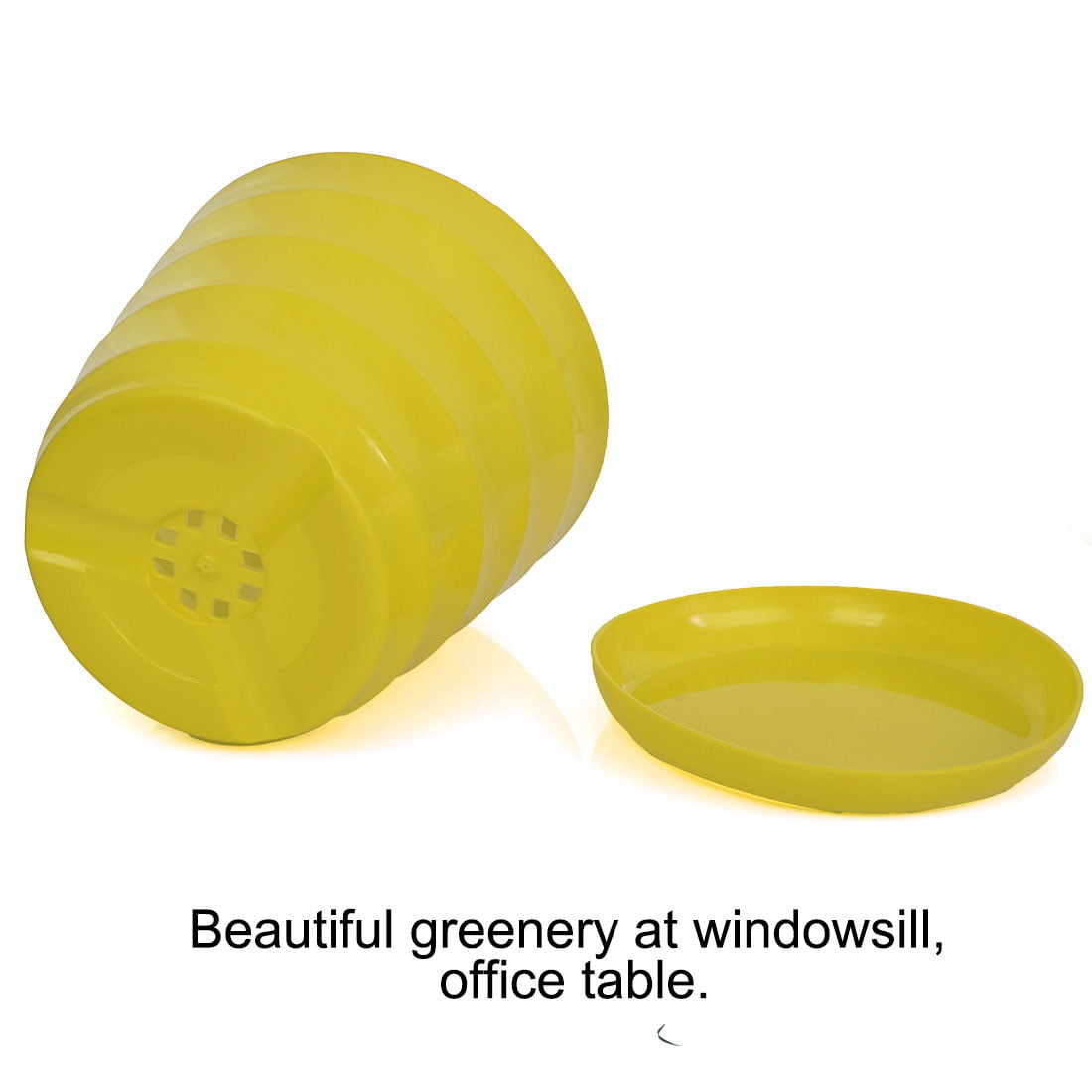 Plastic Round Plant Planter Flower Pot Yellow 19cm Dia with Tray for Balcony Garden Yard