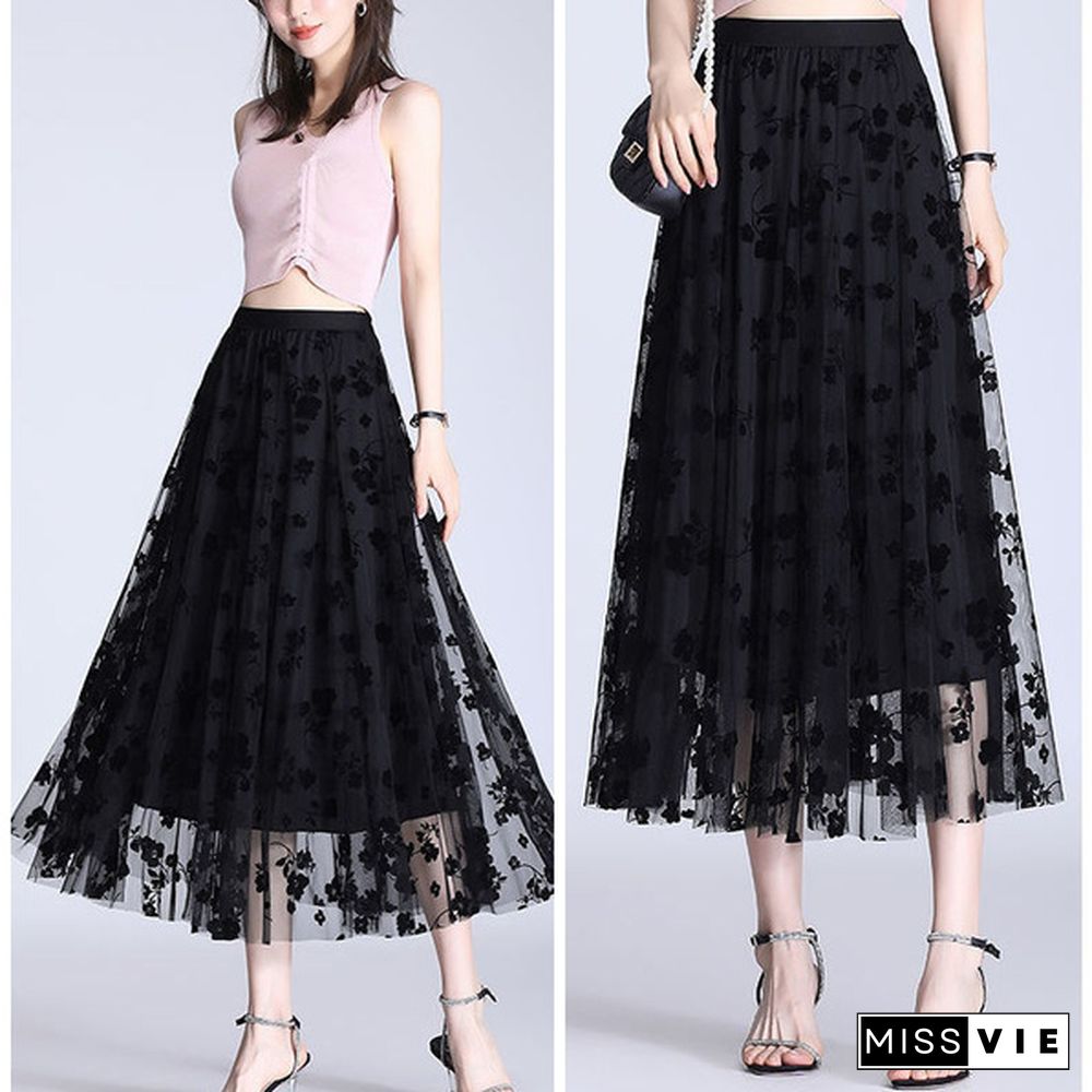 Wome Lace Long Skirt High Waist Tulle Skirts Ladies Summer Casual Loose Elegant Maxi Skirts