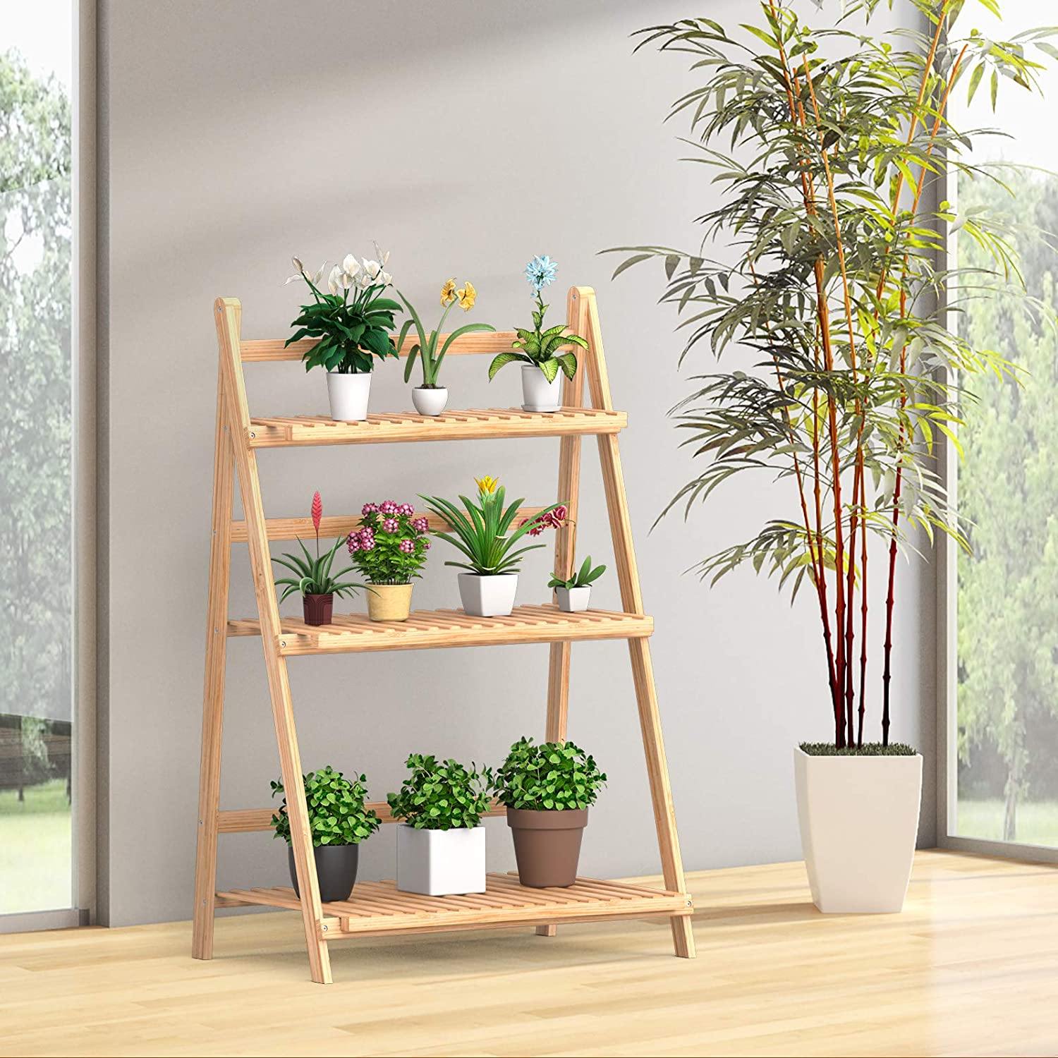 3 Tier Folding Bamboo Plant Stand Organizer Storage Shelving