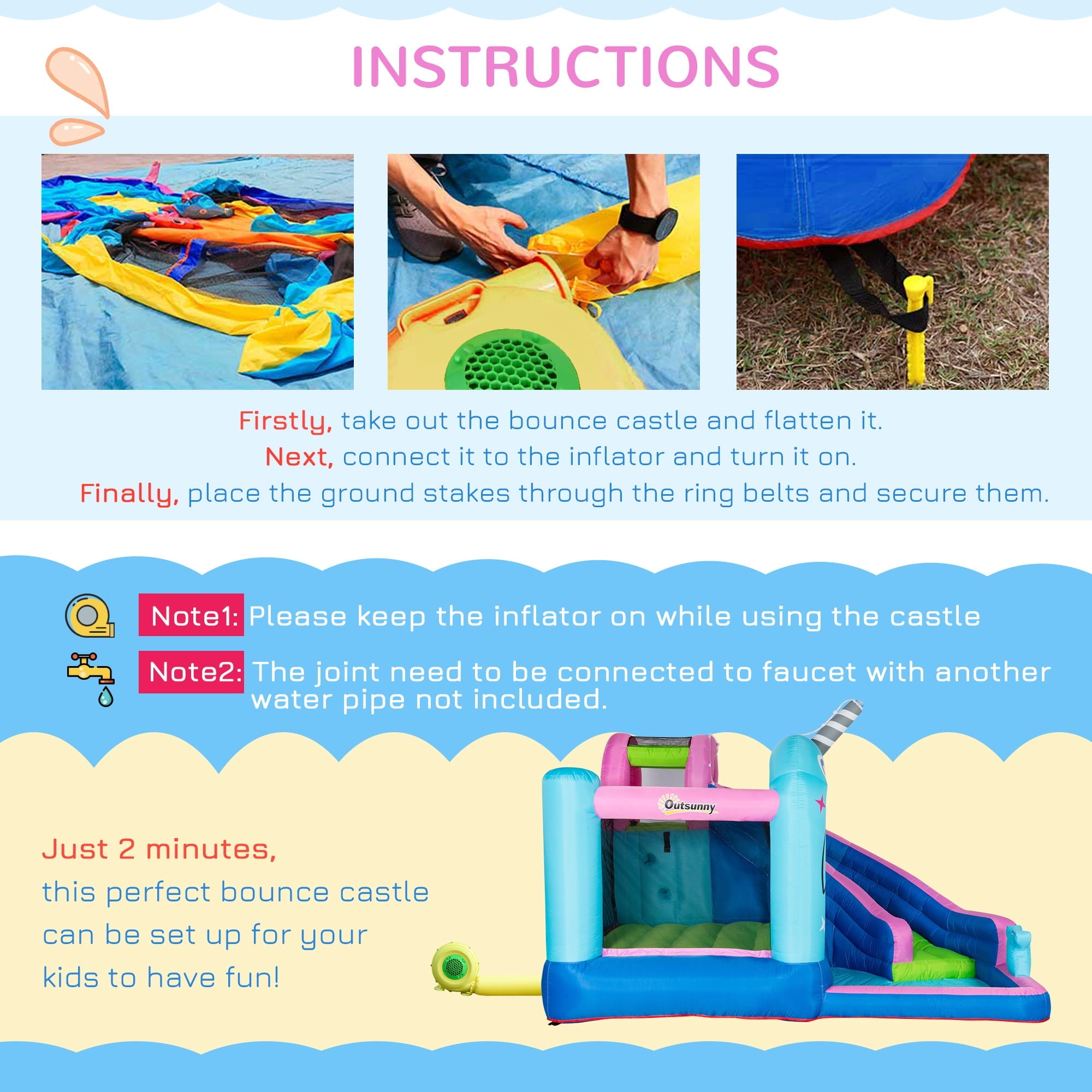 Outsunny 5-in-1 Water Slide Kids Inflatable Bounce House Narwhals Theme Water Park Includes Slide Trampoline Pool Cannon Climbing Wall with Carry Bag, Repair Patches without Air Blower