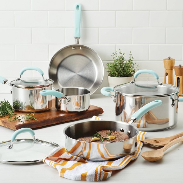 Rachael Ray Create Delicious 10pc Stainless Steel Cookware Set Light Blue Handles