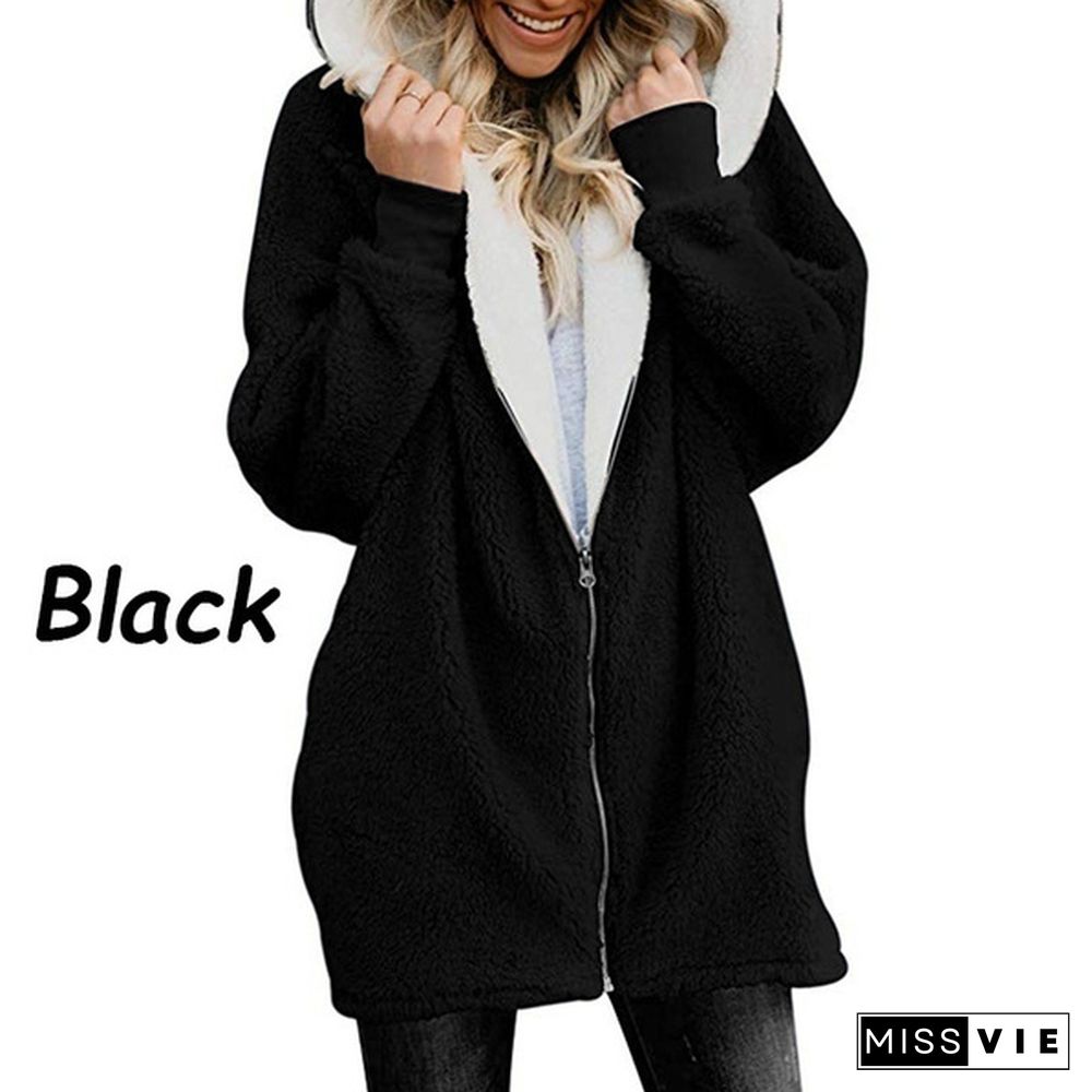 Women Coat Winter Warm Coat Women Casual Zipper Hoodie Fluffy Hooded Cotton-padded Jacket Wool Sweatshirts Outwear 9 Colors Size:S-5XL