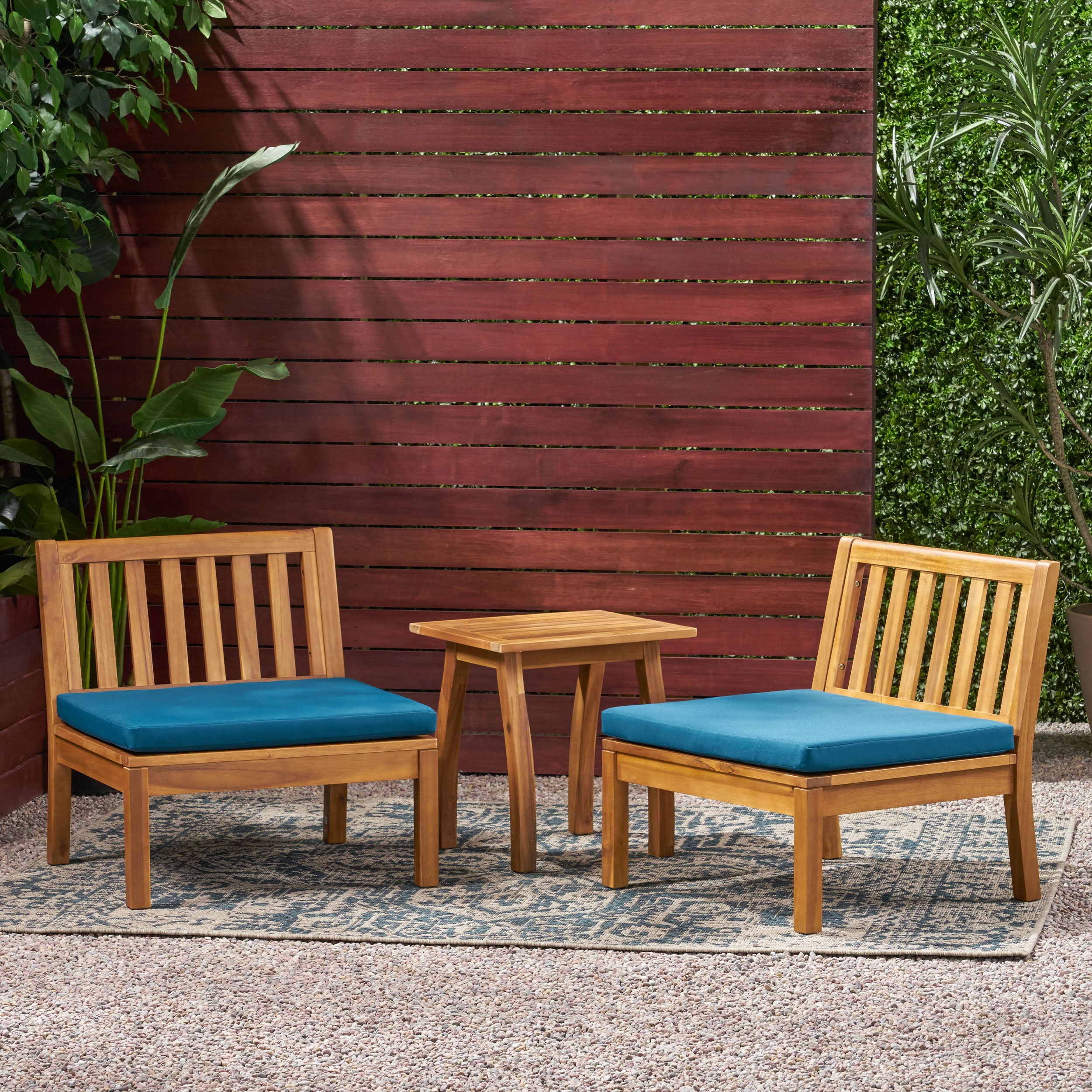 Yadira Outdoor Acacia Wood Chat Set with Side Table