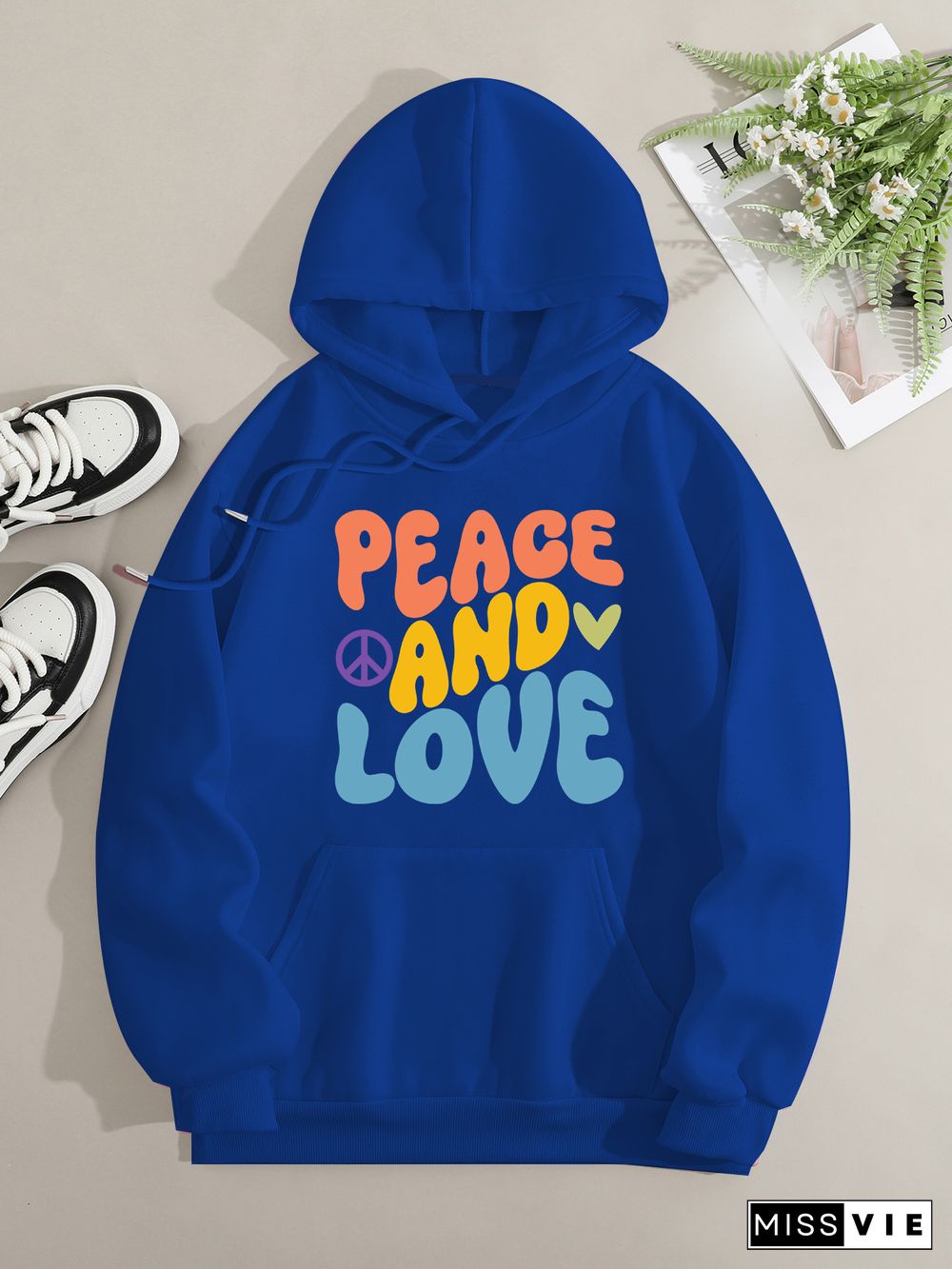 Printed on front Kangaroo Pocket Hoodie Long Sleeve for Women Pattern peace and love