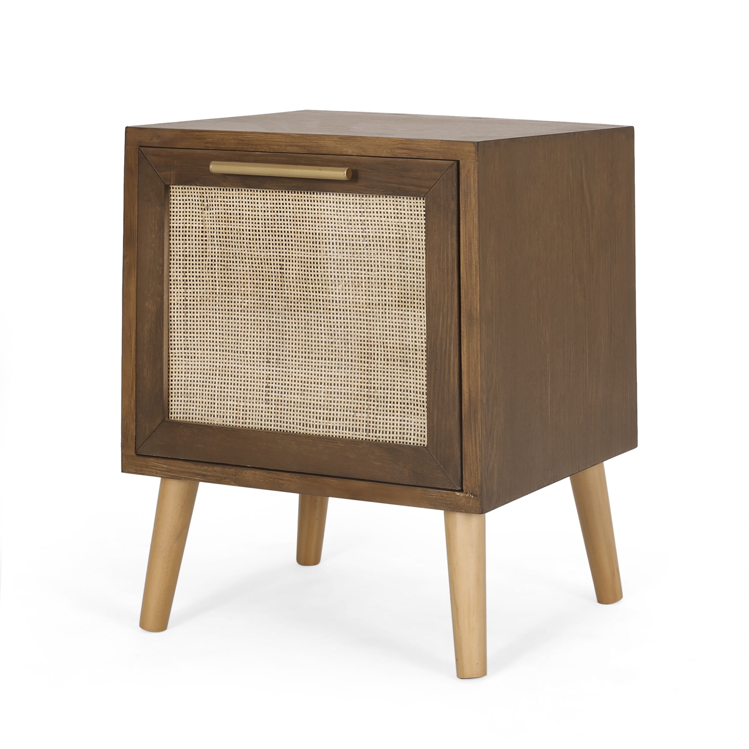 Pilster Contemporary End Table with Storage, Walnut, Natural, and Antique Gold