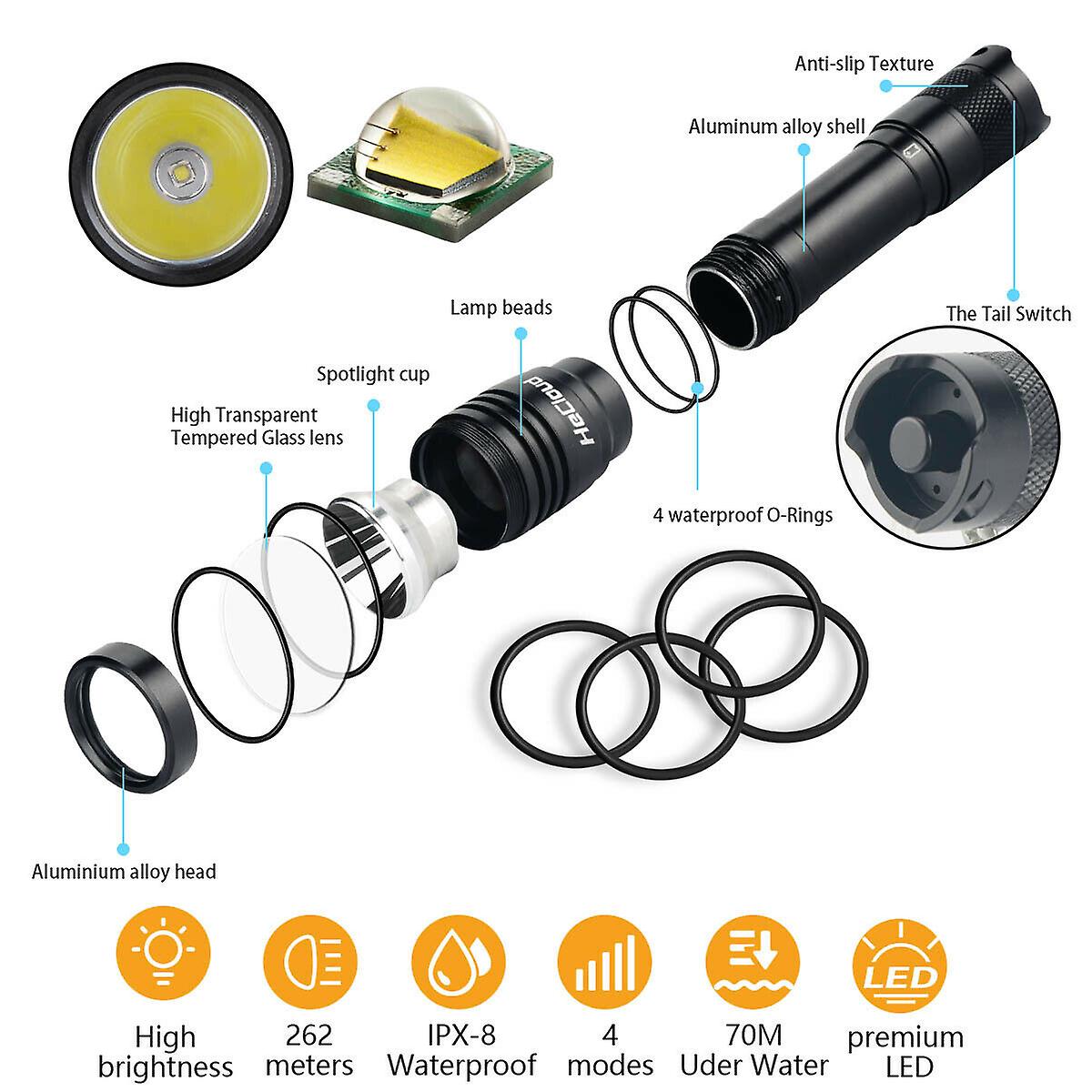 Underwater Flashlight Professional Diving Light Led Waterproof Dive Scuba Lamp