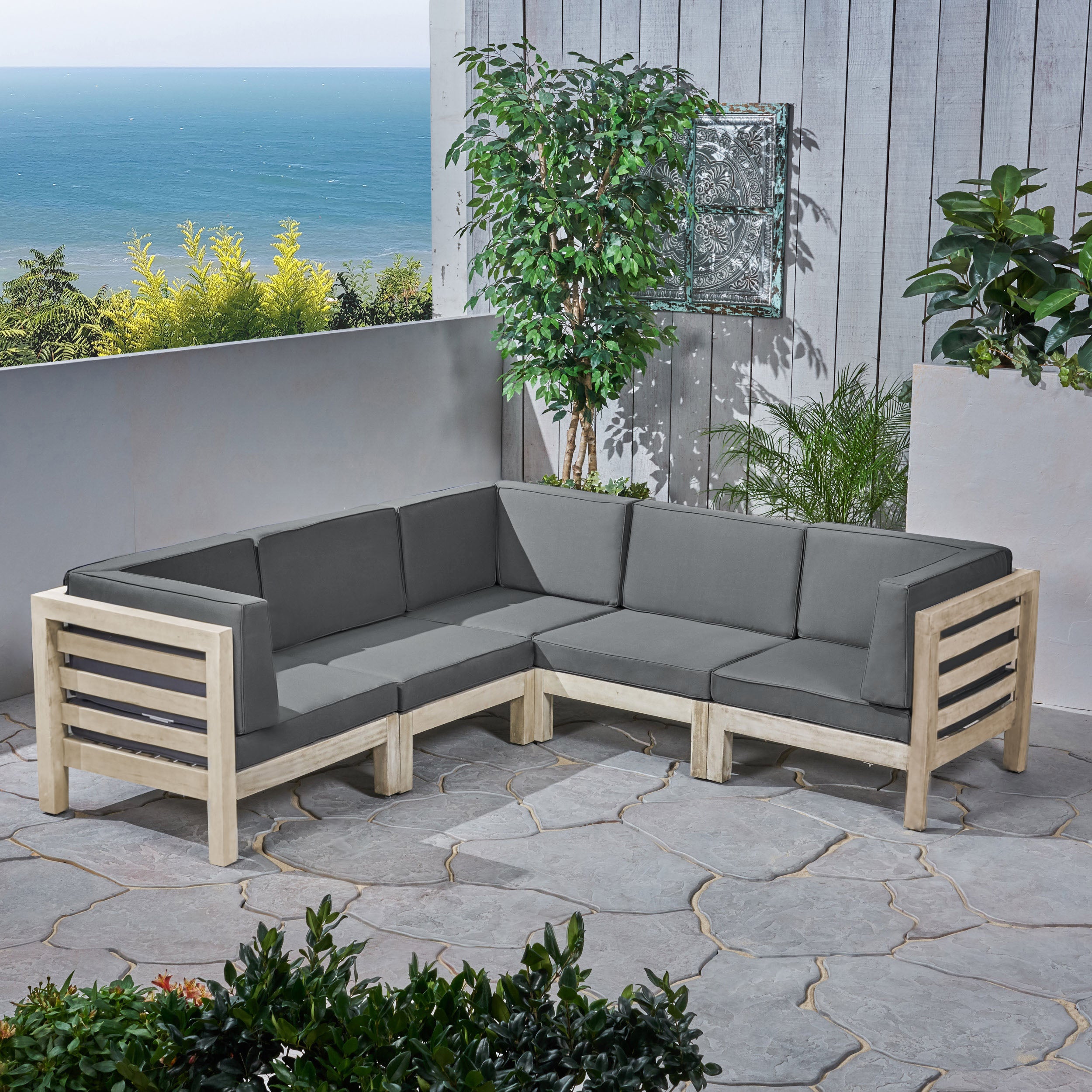 Dawson Outdoor V-Shaped Sectional Sofa Set - 5-Seater - Acacia Wood - Outdoor Cushions