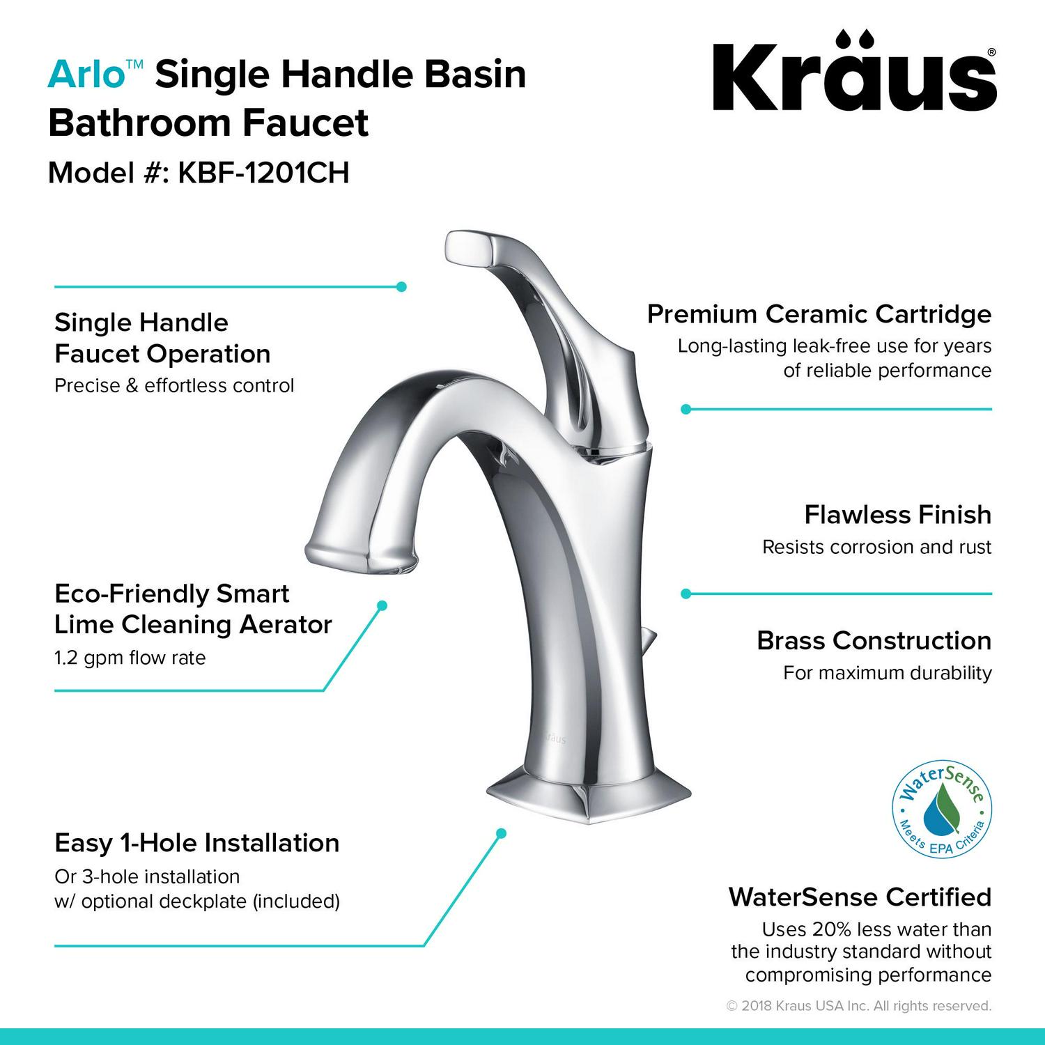 KRAUS Elavo 18 1/2-inch Square White Porcelain Ceramic Bathroom Vessel Sink with Overflow and Arlo Faucet Combo Set with Lift Rod Drain， Chrome Finish