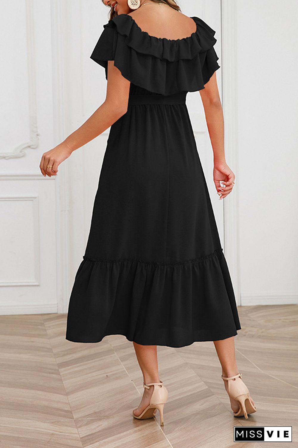 Plain Off Shoulder Ruffles Maxi Dress With Sash