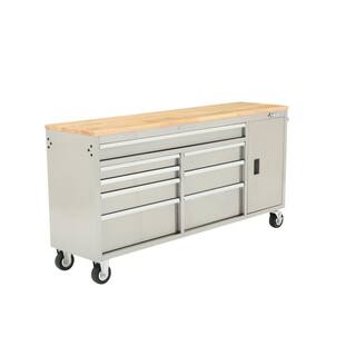 Husky 72 in. W x 18 in. D Heavy Duty 8-Drawer 1-Door Mobile Workbench Tool Chest with Solid Wood Top in Stainless Steel HYLS-7208