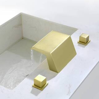 FLG 2-Handle Tub Deck-Mount Roman Tub Faucet 3-Holes Brass Waterfall Tub Filler in Brushed Gold SS-0159-BG