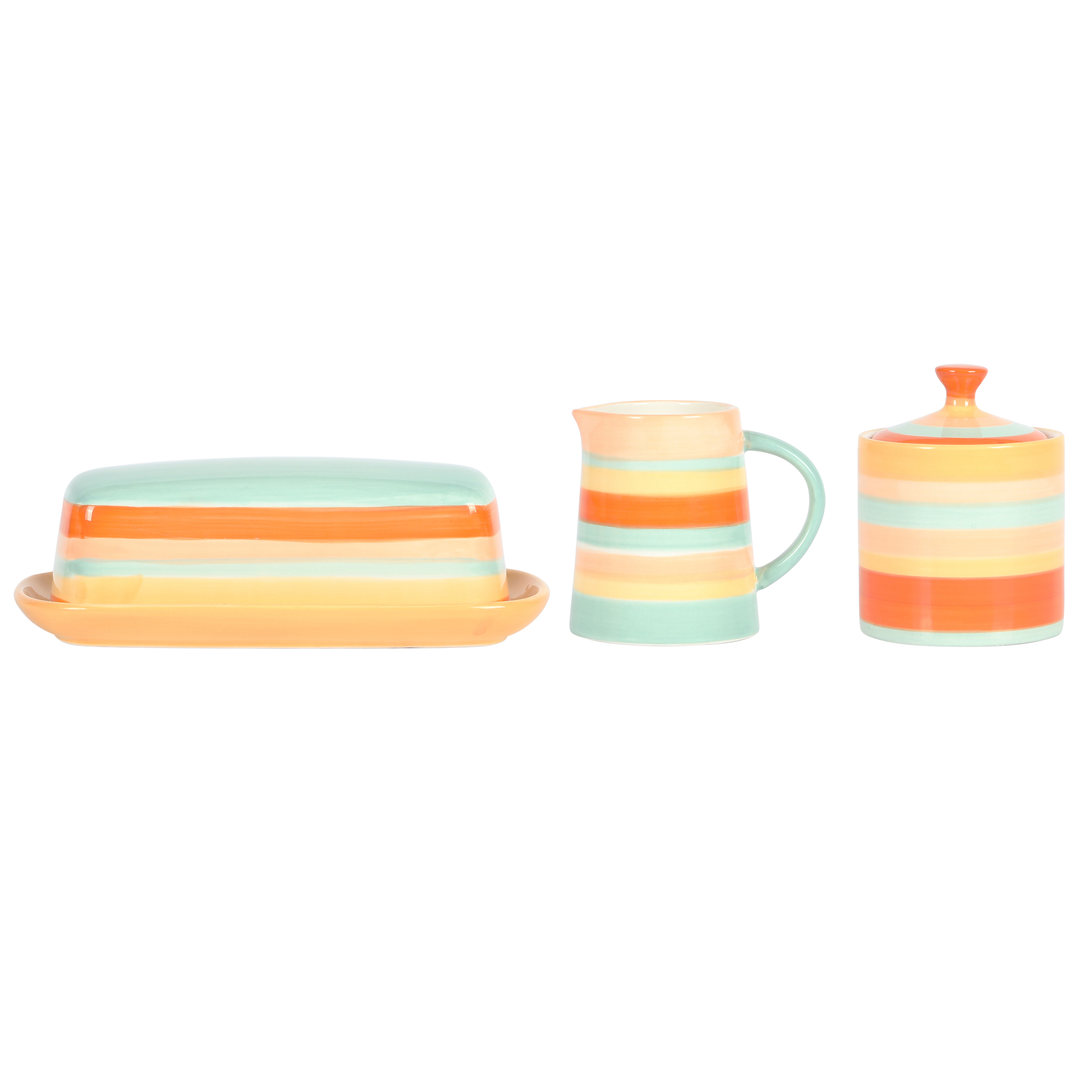 Wanda June Home Vintage Stripe Orange Stoneware Butter Dish， Sugar and Creamer Set by Miranda Lambert