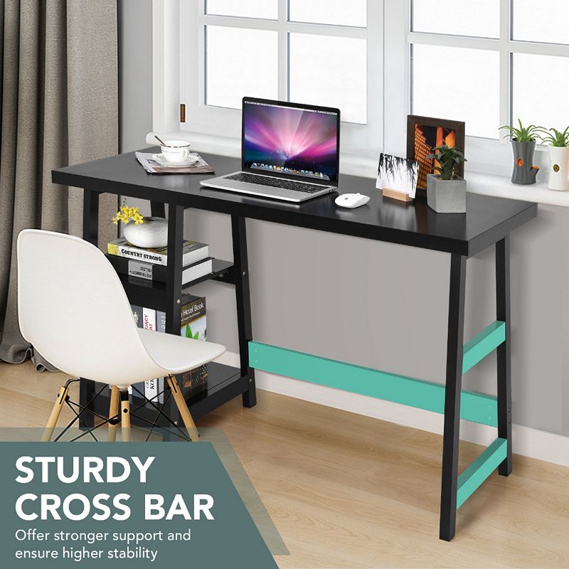 Wooden Trestle Computer Desk With 2-tier Removable Shelves