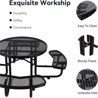 Afoxsos Black Round Outdoor Steel Picnic Table Dining Table 46 in. with Umbrella Pole DJMX998