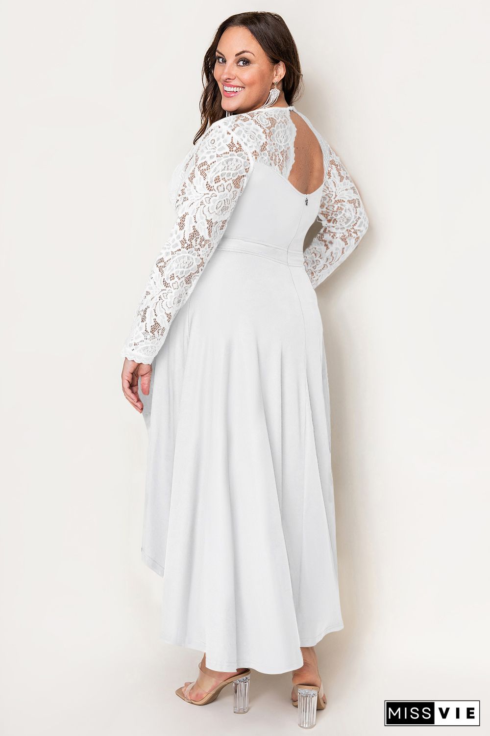 White Plus Size High-Low Lace Contrast Evening Dress