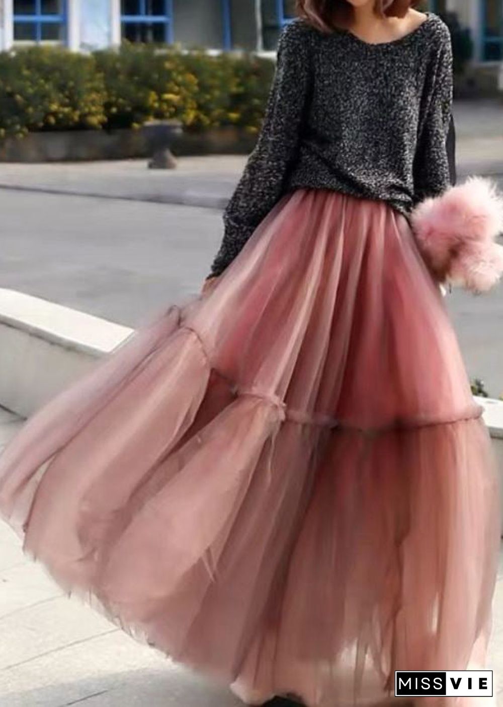 Women Grey Ruffled Tulle Cinched Circle Fall Skirt