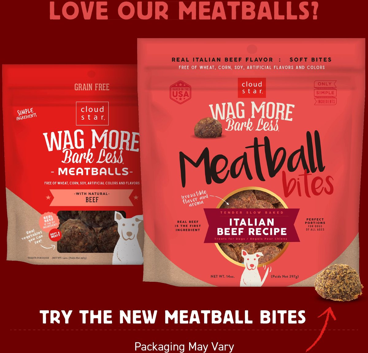 Cloud Star Wag More Bark Less Italian Beef Recipe Meatballs Grain-Free Dog Treats