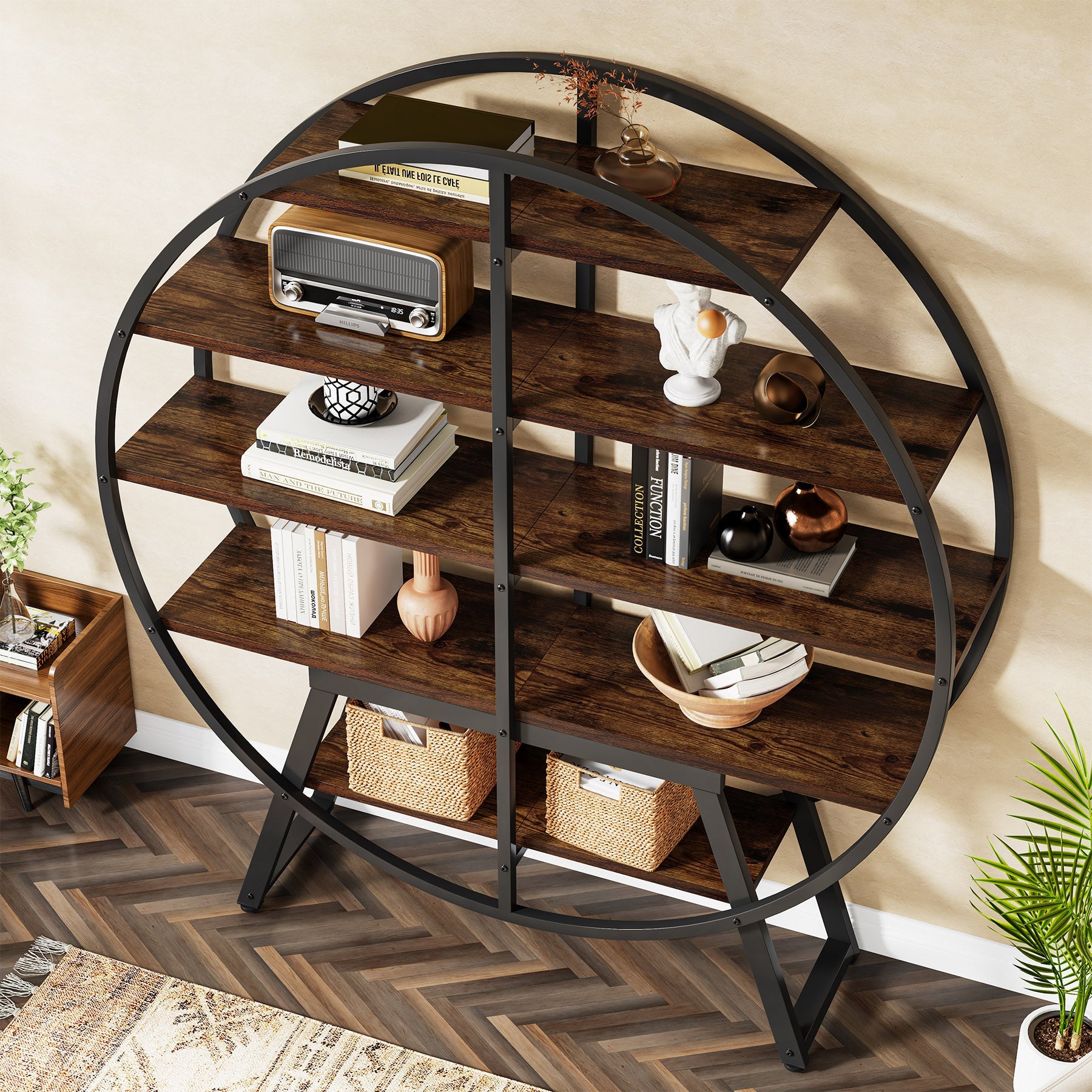 67 Industrial Bookshelf, 5-Tier Round Etagere Bookcase Display Shelf