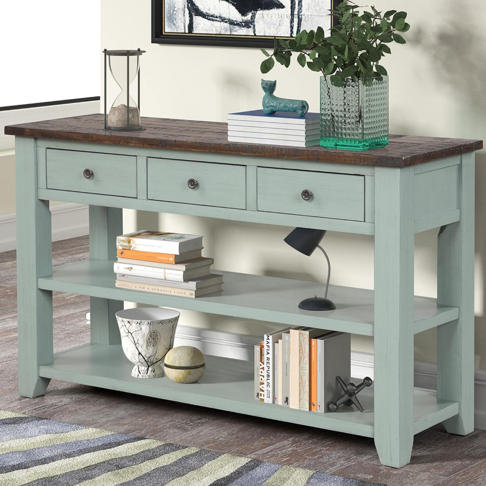 Vintage Console Table  Green Frame With 3 Spacious Drawers  ampBrown Wood Top   Traditional   Console Tables   by Decor Love  Houzz