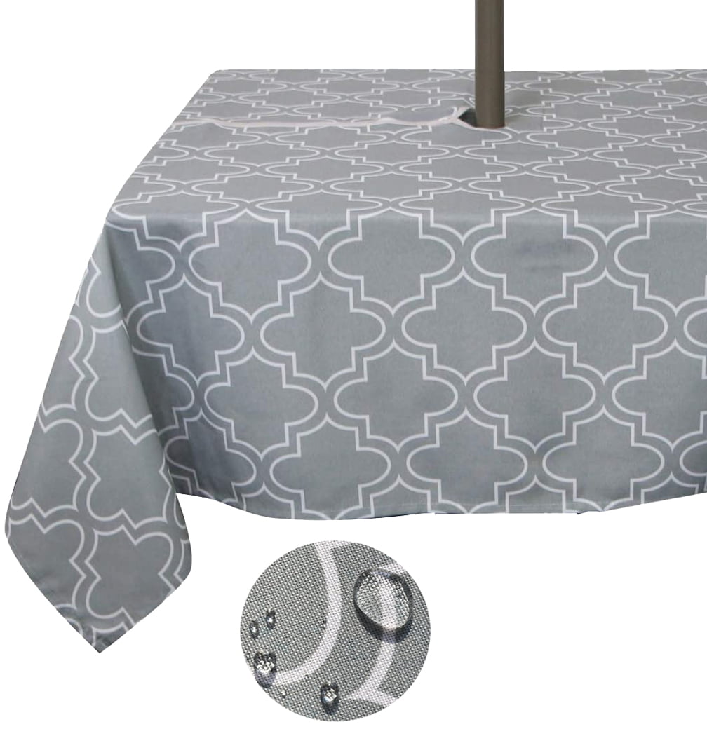 Tektrum 60 X 84 inch Rectangular Moroccan Quatrefoil Outdoor Tablecloth with Umbrella Hole and Zipper, Zippered Table Cover - Spill Proof/Waterproof - for Patio Garden Tabletop Decor (Light Grey)