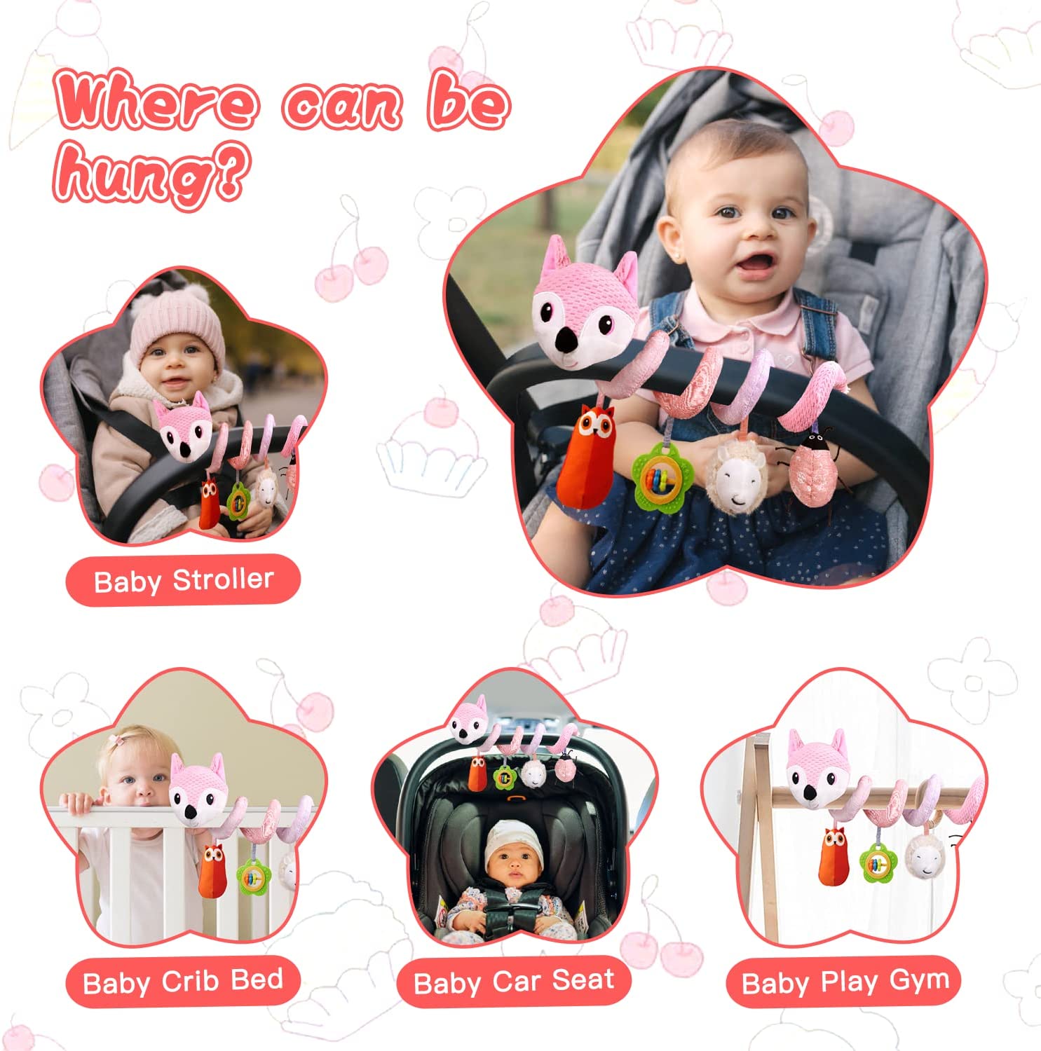 Baby Car Seat Toys Stroller Toys Crib Toys Infant Activity Spiral Plush Toys Hanging Stroller Toys for Baby Car Seat Stroller Bar Crib Bassinet Mobile with Music Squeaker Rattles ( fox)