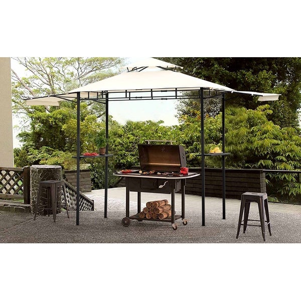 12Ft.Lx4.3Ft.W Steel Double Tiered Backyard Patio BBQ Grill Gazebo with Bar Counters