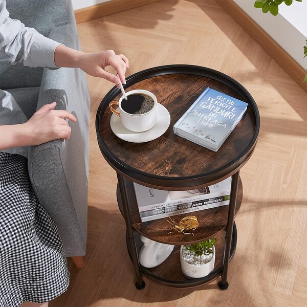 Round Industrial Sofa Table with 3 Storage Shelves，Rustic Brown