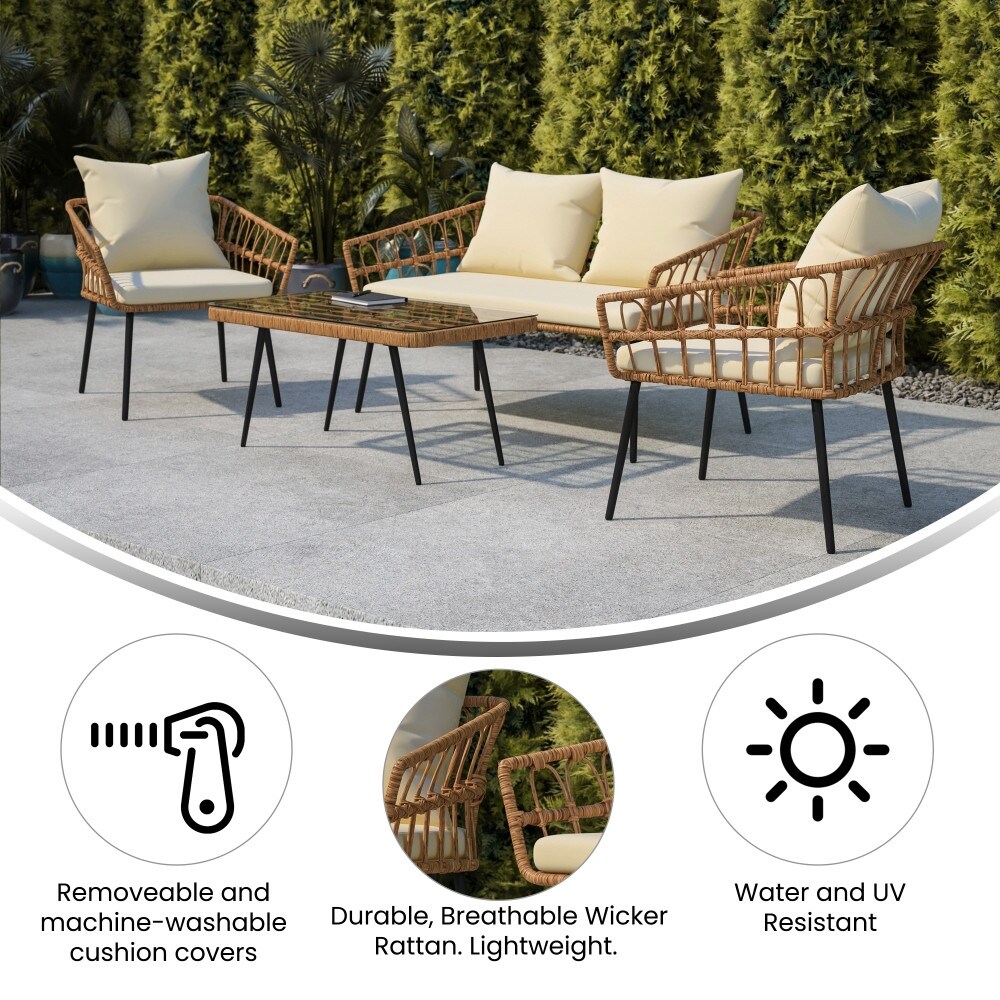 Weather 4 Piece Rope Rattan Patio Seating Set with Cushions