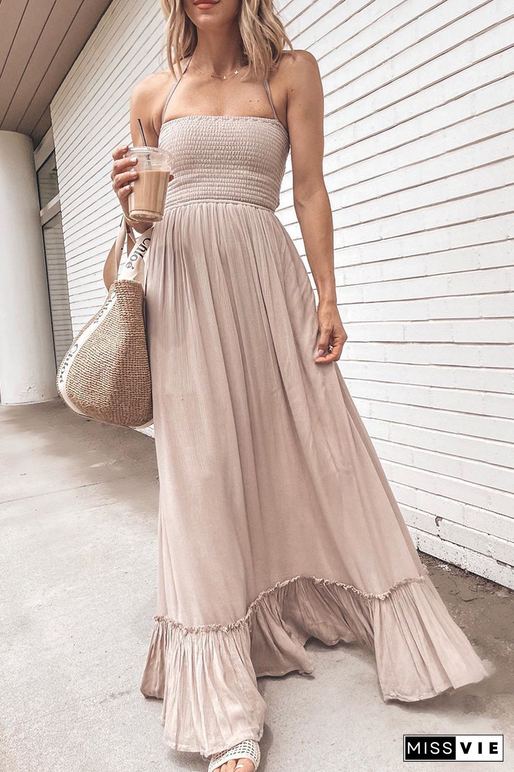 Solid Split Joint Halter Waist Skirt Dresses