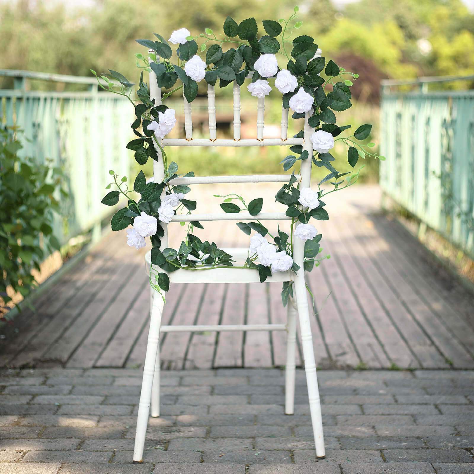 20 White Artificial Silk Roses Flower Garland, Hanging Vine 6ft