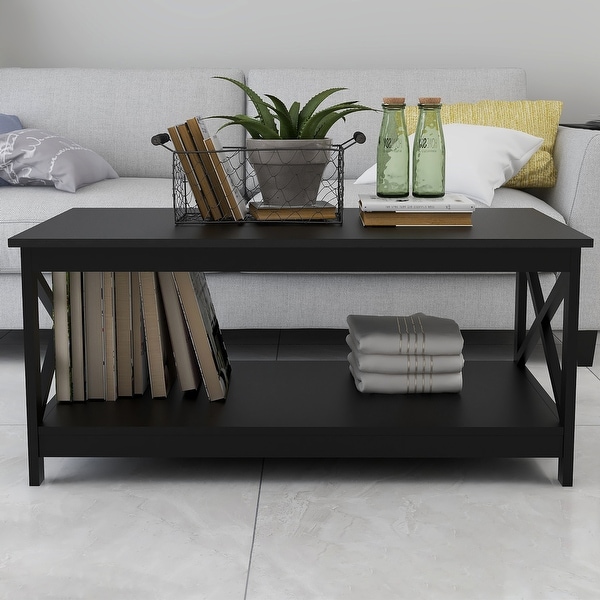 Coffee Table 39.56 in. L， X leg End Table with Bottom Shelf， Black