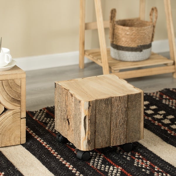 Accent Decorative Natural Wooden Square Stump Stool， with Wheels